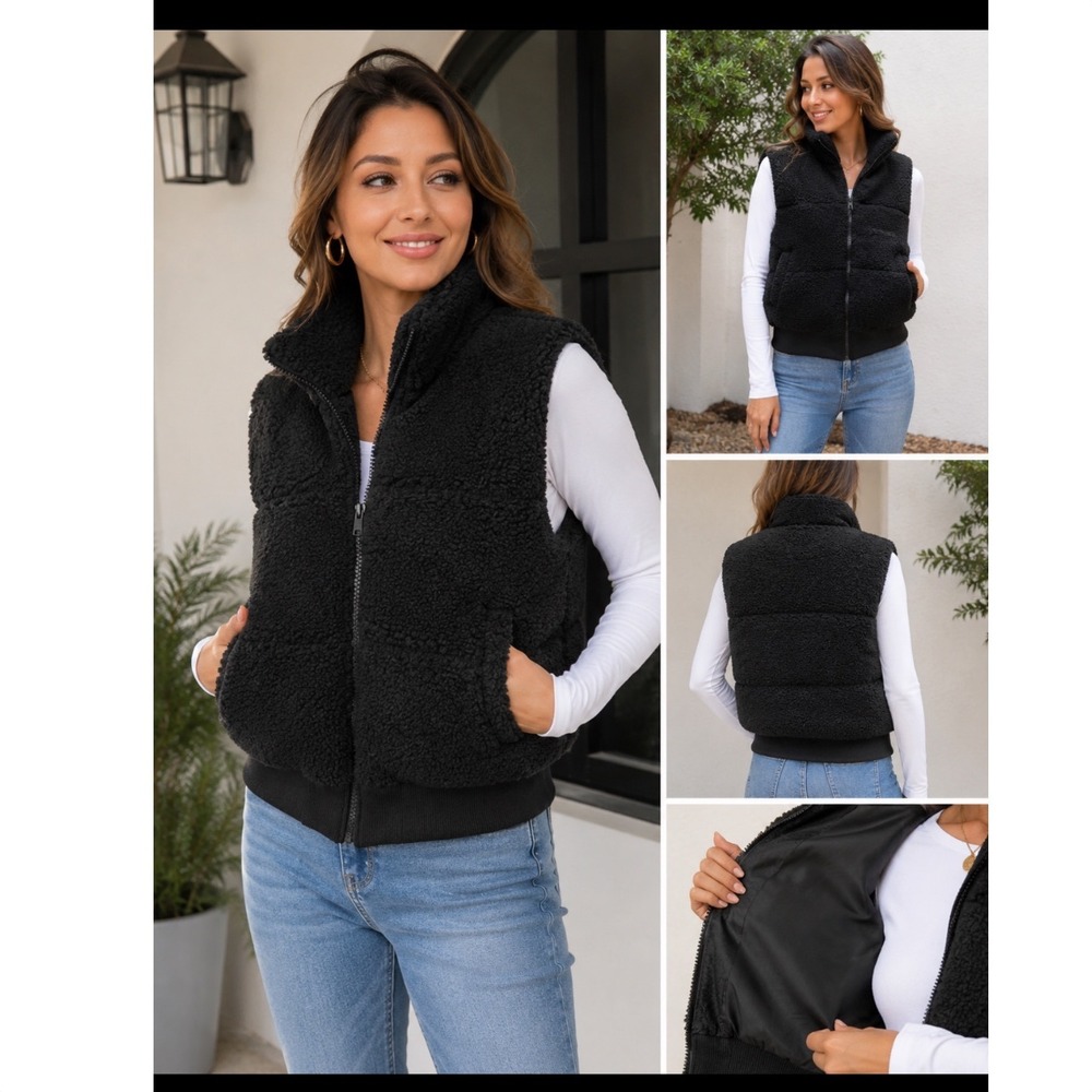 Flamingo Heart Black Sherpa Faux Fur Puffer Vest BJJV807‎ Size Medium NWT